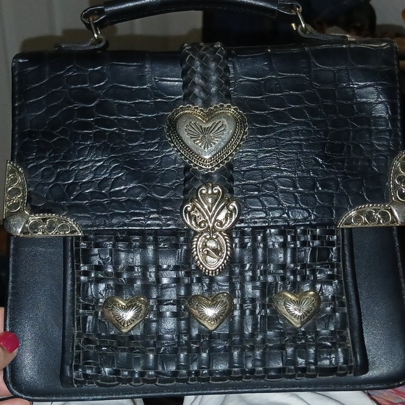 Elegant Black Croc-Embossed Handbag with Gold Accents